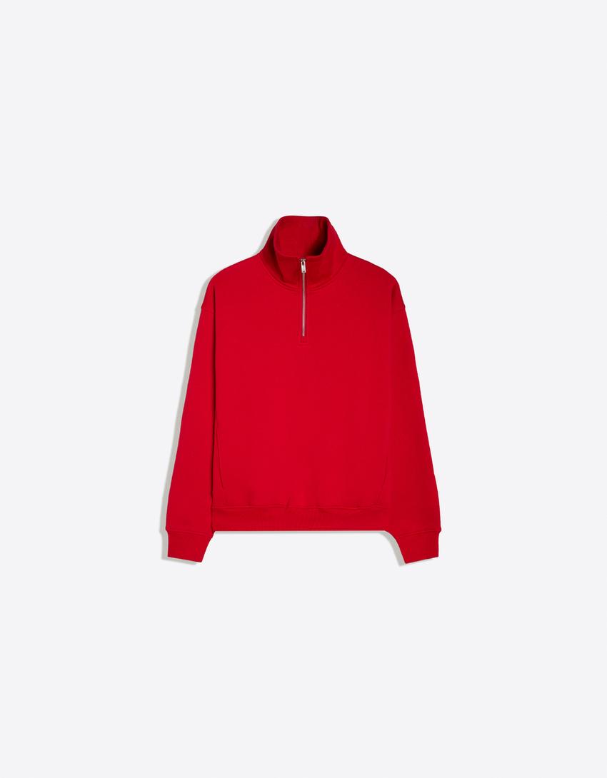 Felpa con zip e mezzo collo-Rosso