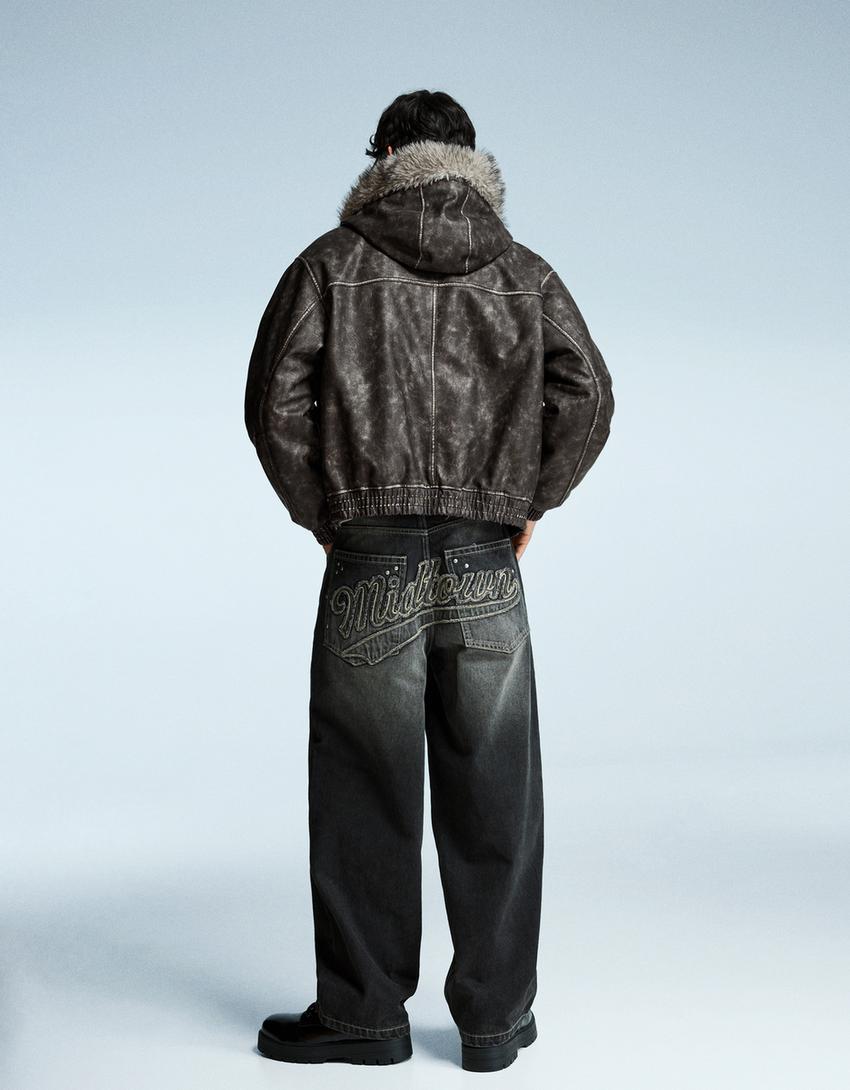 Blouson similicuir capuche-Noir