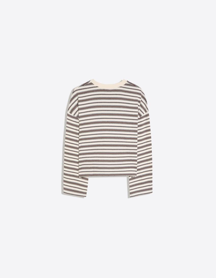 Camiseta manga larga boxy rayas-Crudo