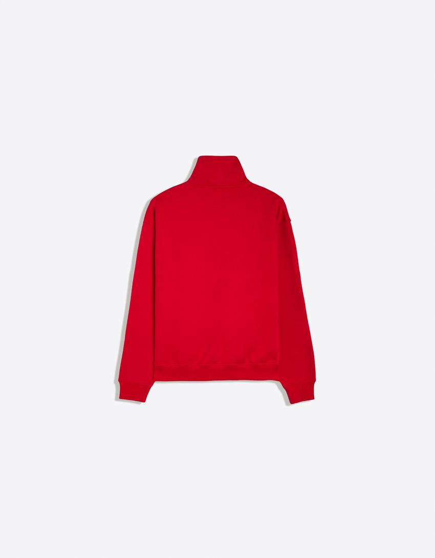 Felpa con zip e mezzo collo-Rosso