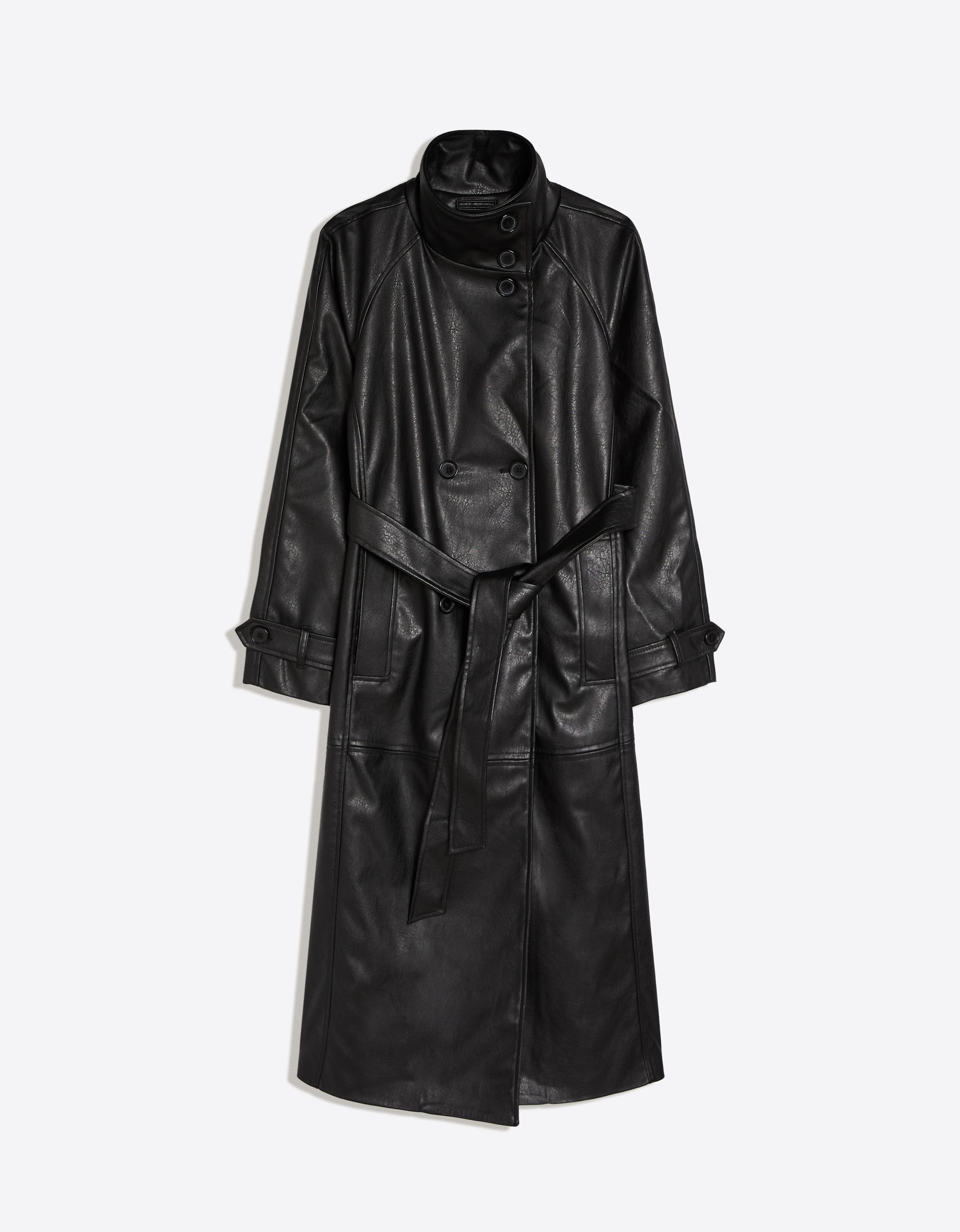 Long leather effect belt trench coat with funnel neck — Black