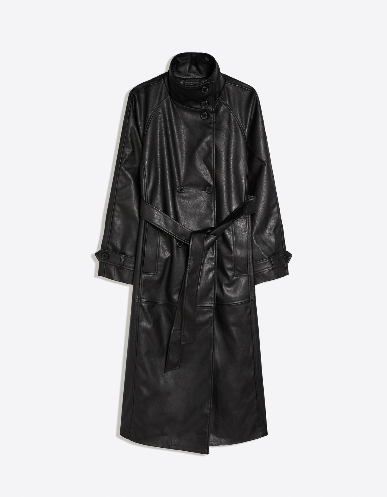 Long funnel neck trench coat with leather effect belt — Black