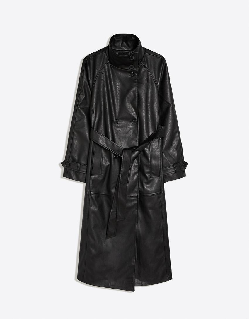 Trench largo cinturón efecto piel cuello funnel-Negro