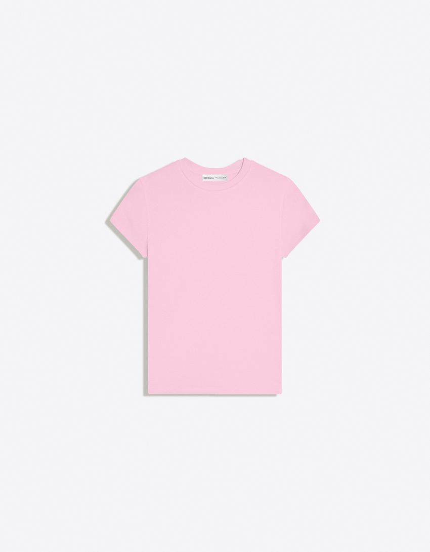 Kısa kollu bisiklet yaka tişört-Pembe