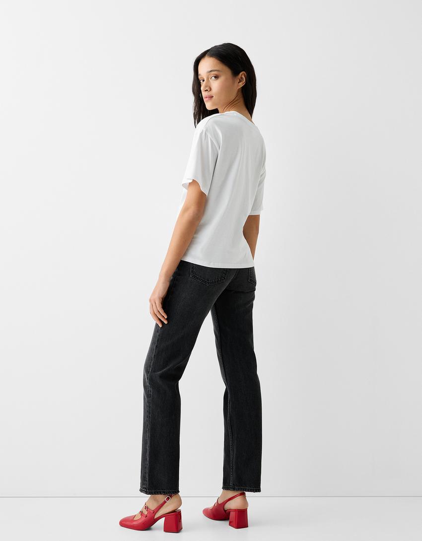 تيشرت فضفاض من نسيج مزدوج بأكمام قصيرة-أبيض-1