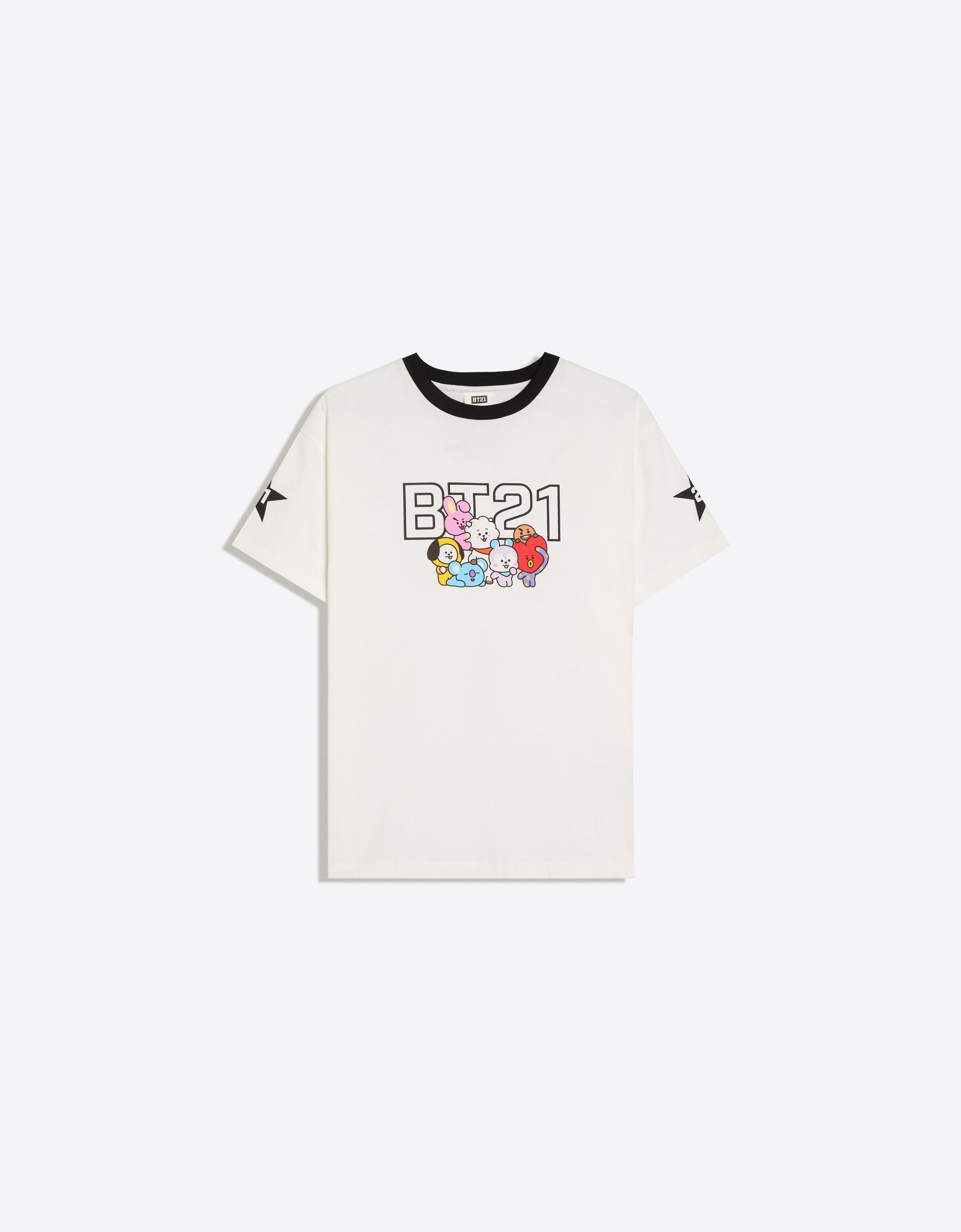 Bershka Camiseta Oversize Print Bt21 Mujer Blanco Roto
