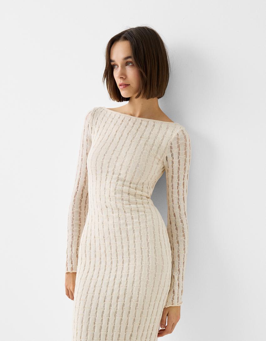 Long sleeve rustic midi dress-Cream-1