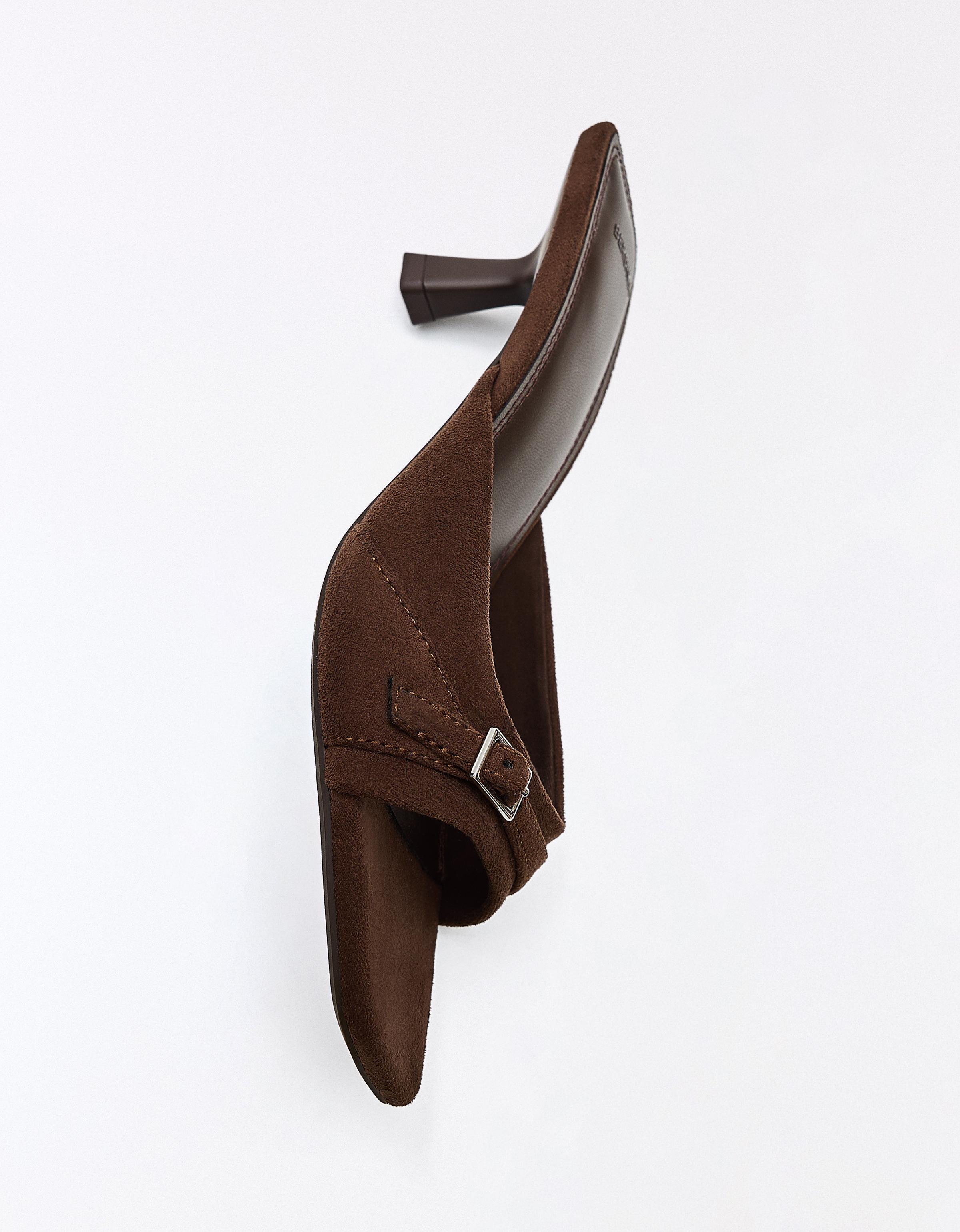 BUCKLED MULE SANDALS — Brown