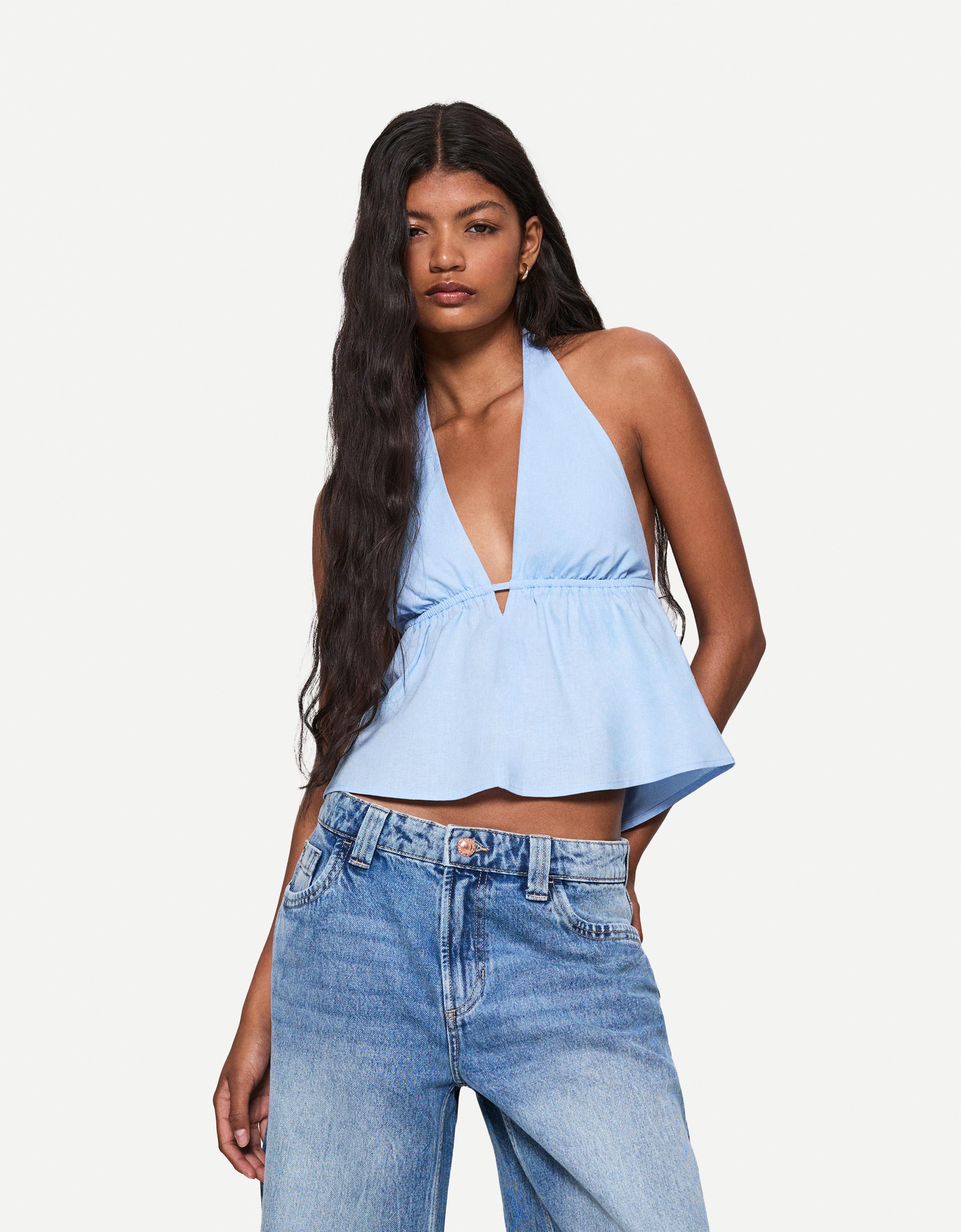 Bershka Neckholder-Top Mit Leinen Damen Xs Hellblau