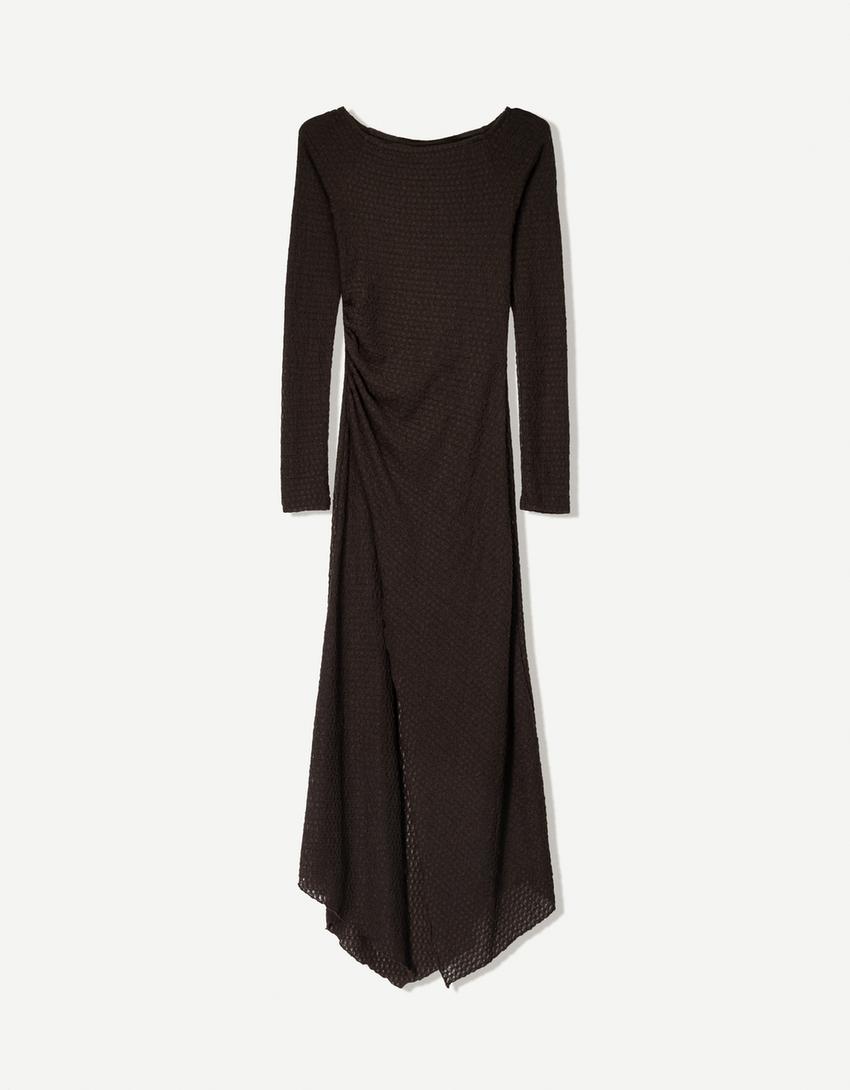 Rustic maxi dress with gathering-Brown-3