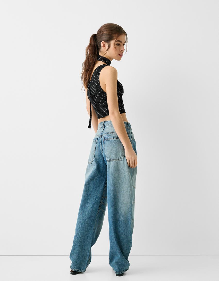 Asimetrik puantiye desenli şifon top-Siyah-1