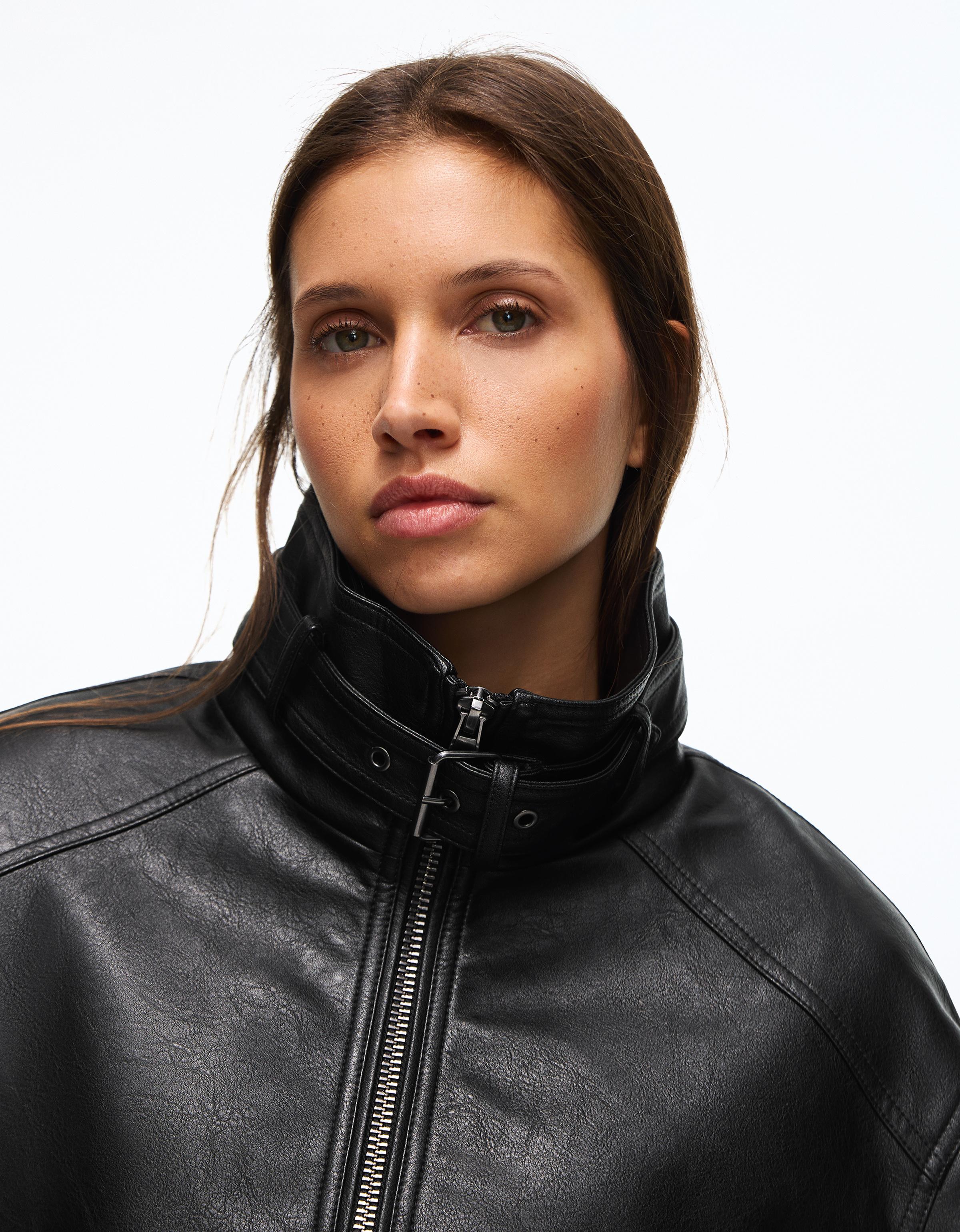 Leather effect funnel neck jacket — Black