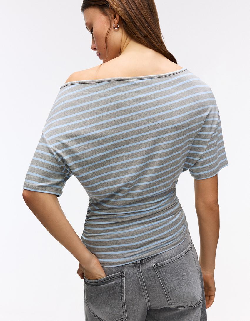 Asimetrik kısa kollu tişört-Mavi