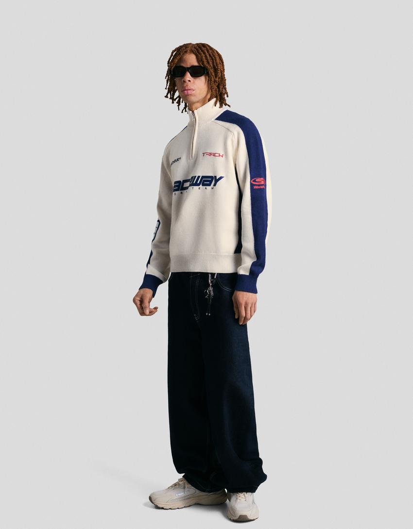 Pull col zippé imprimé-Blanc cassé