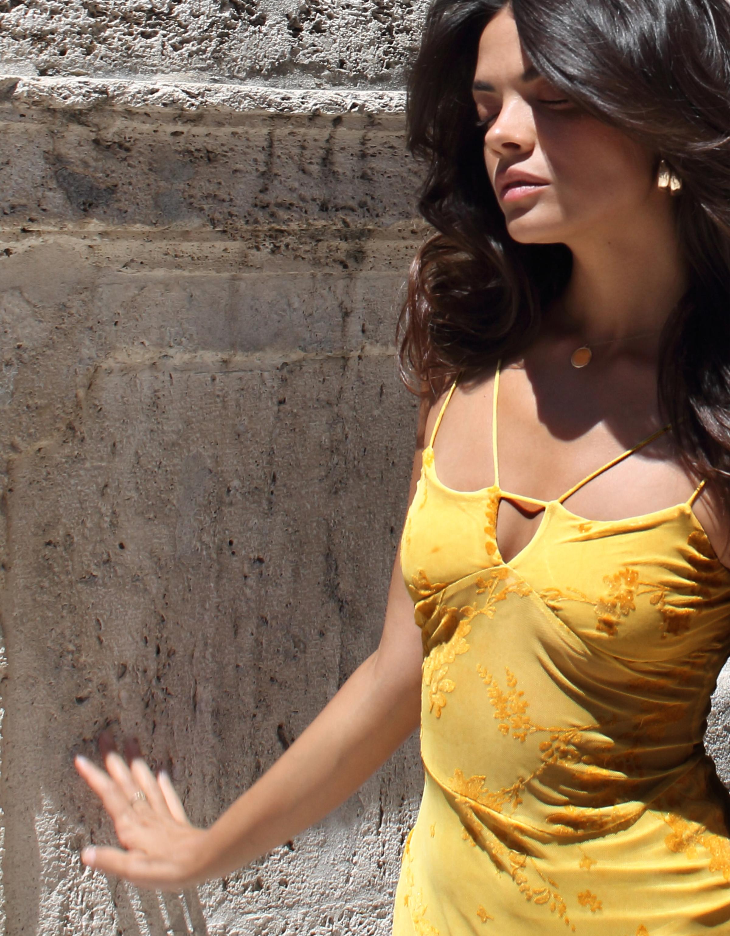 Midi dress with flocked tulle straps — Mustard