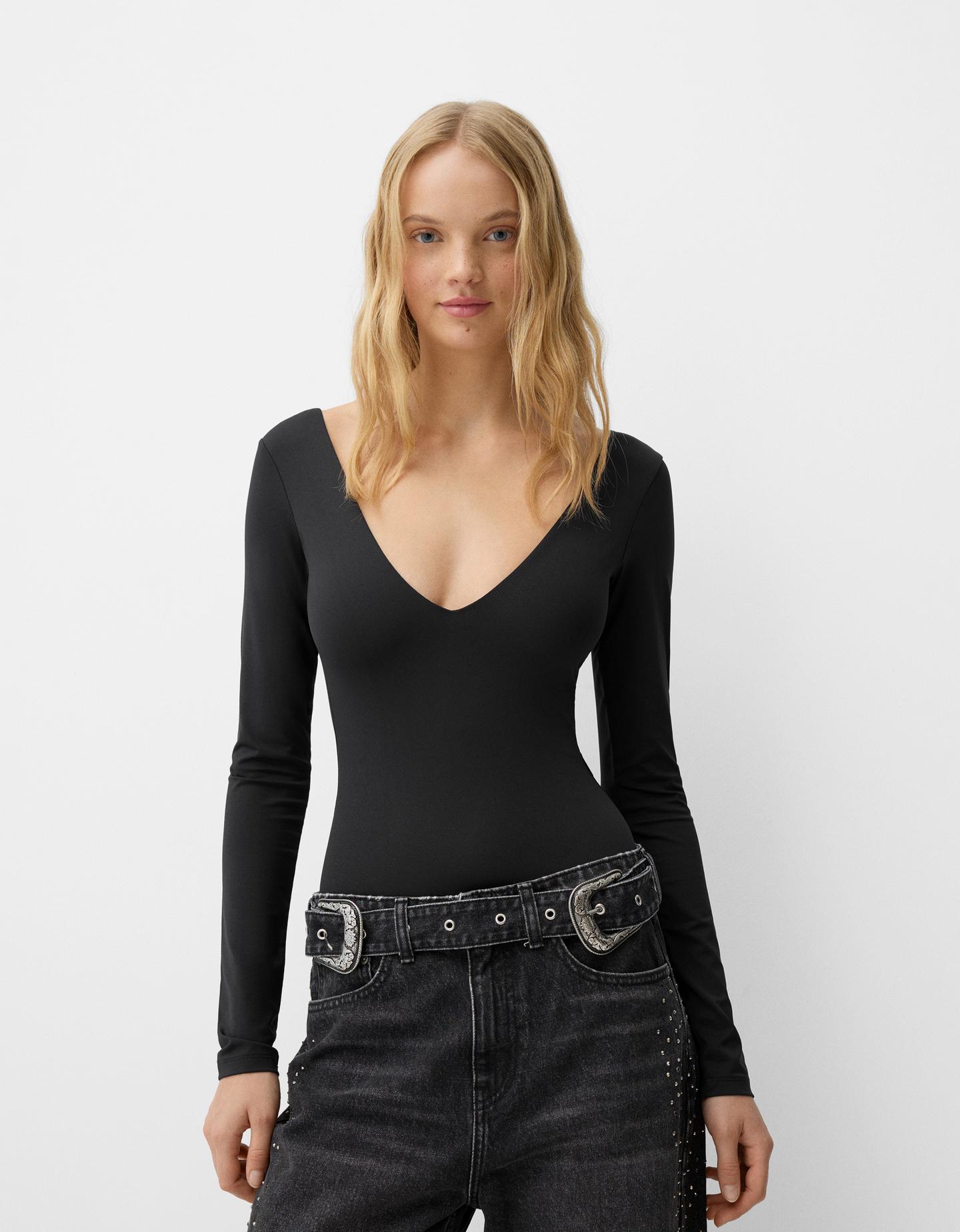 Bershka Body Manga Larga Cuello Pico Mujer M Negro