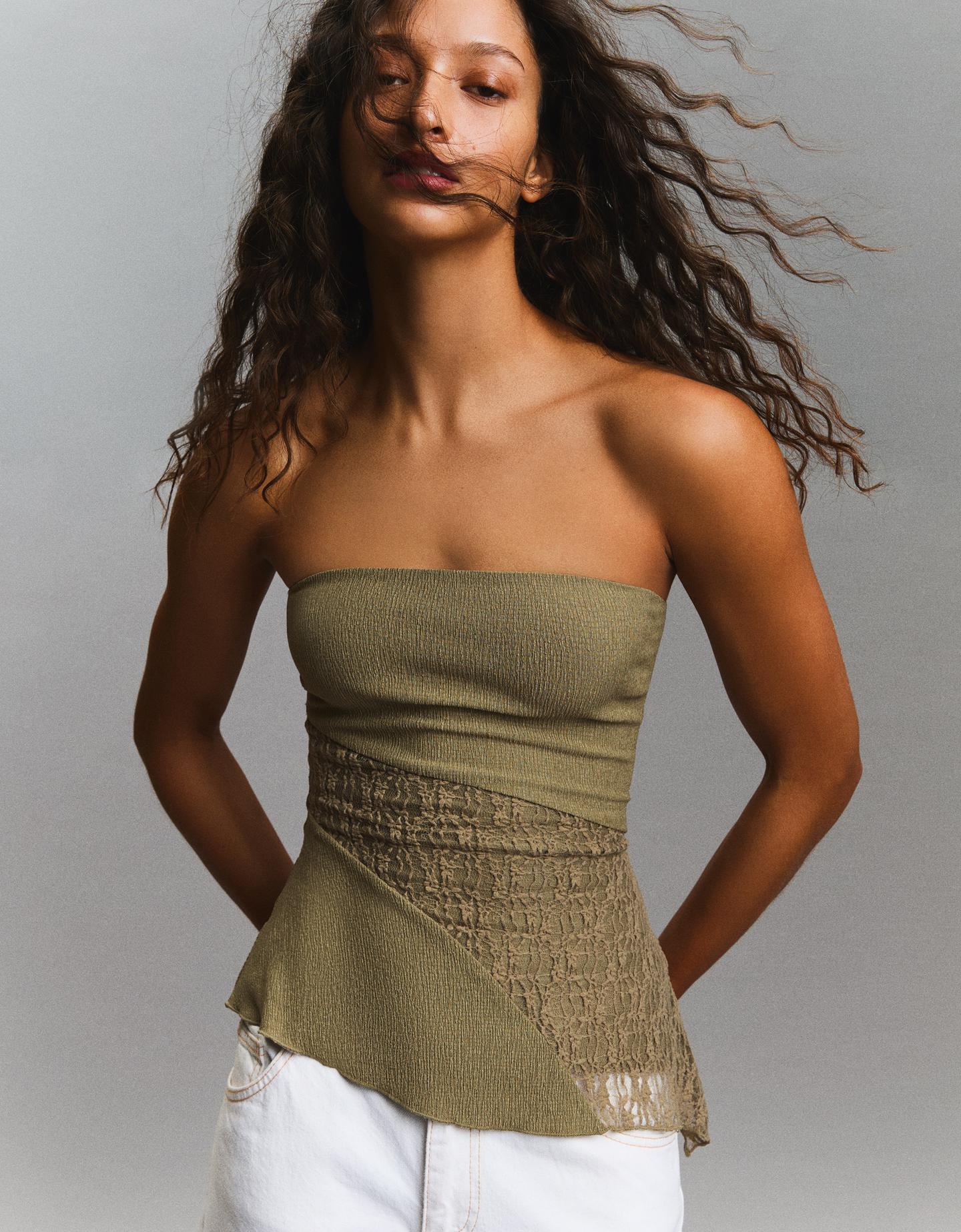 Bershka Top Bandeau Encaje Asimétrico Mujer Kaki