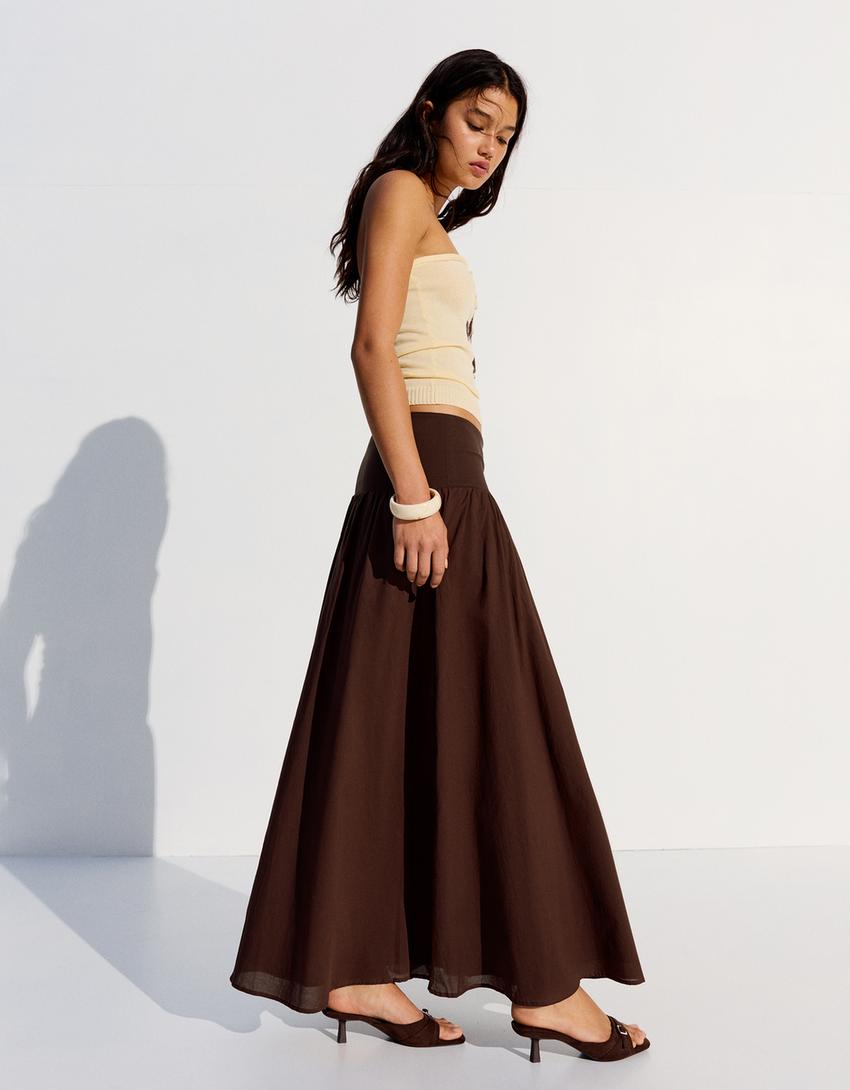 Jupe midi à ceinture-Marron