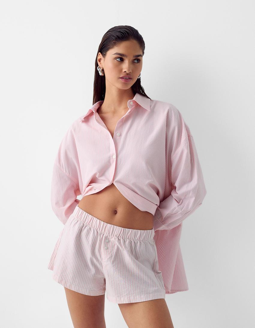 Ensemble chemise et short rayures-Rose-1