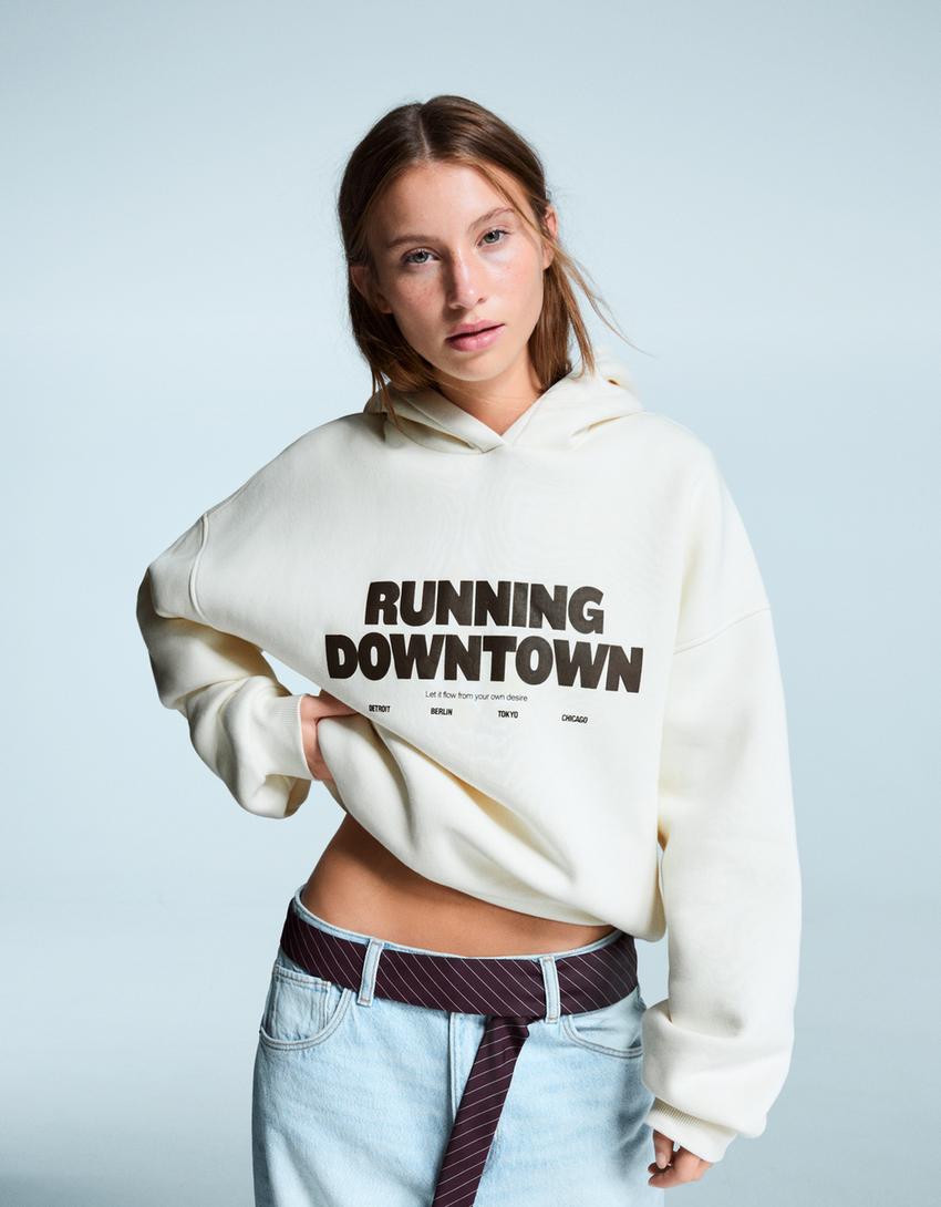 Sweat oversize à capuche imprimé-Écru