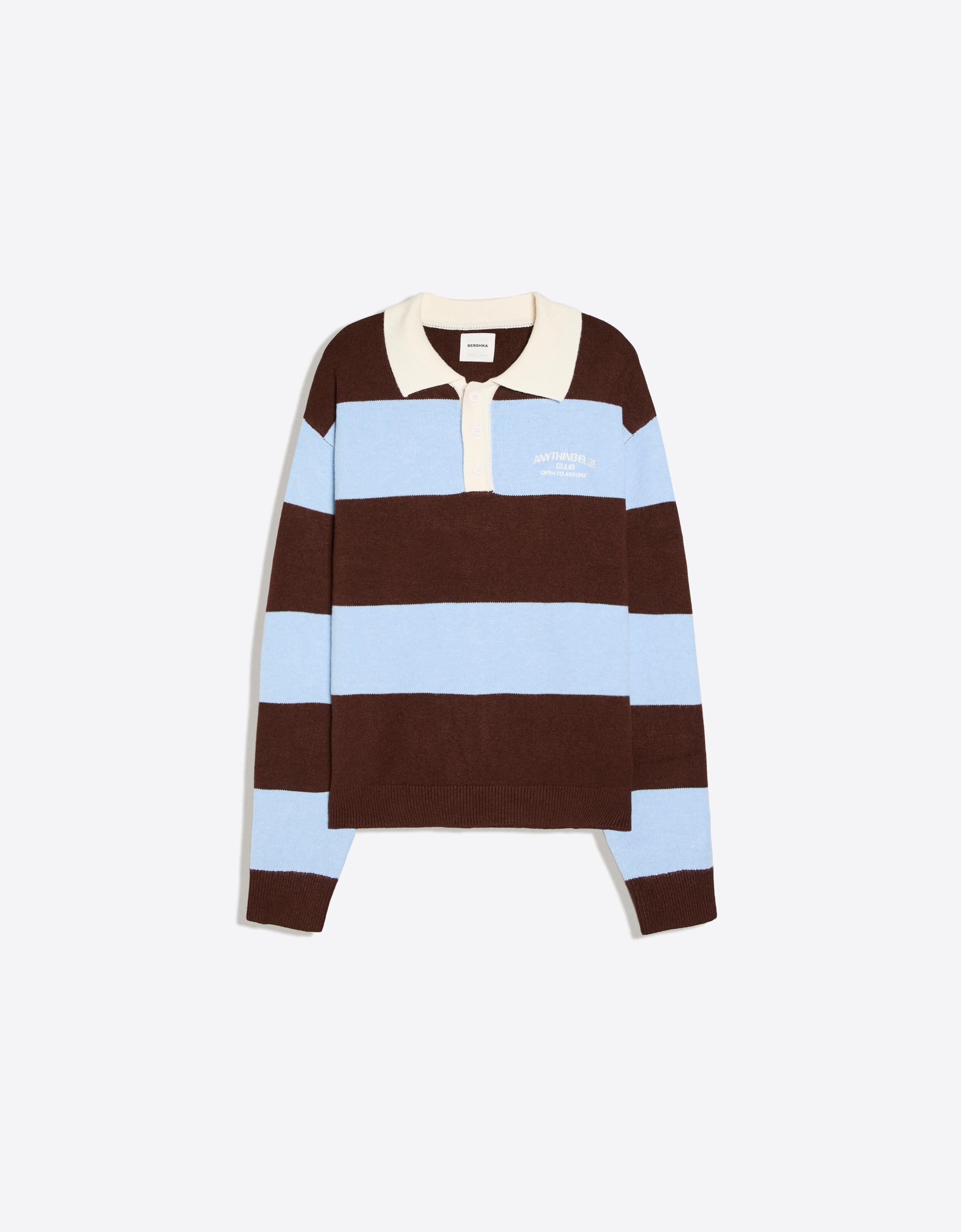 Contrast stripe polo collar jumper — Brown
