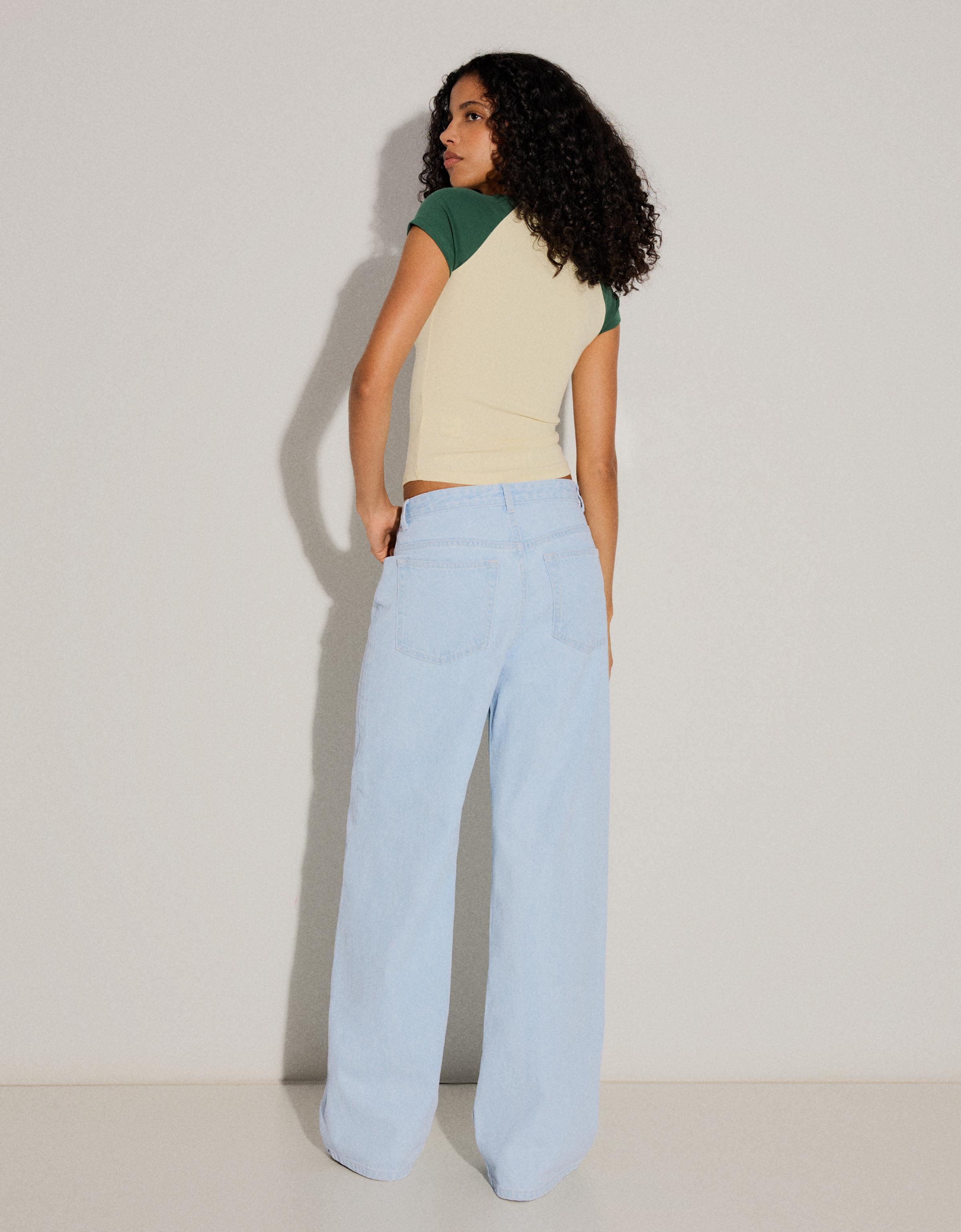 Wide leg jeans with crossover waist — Light blue