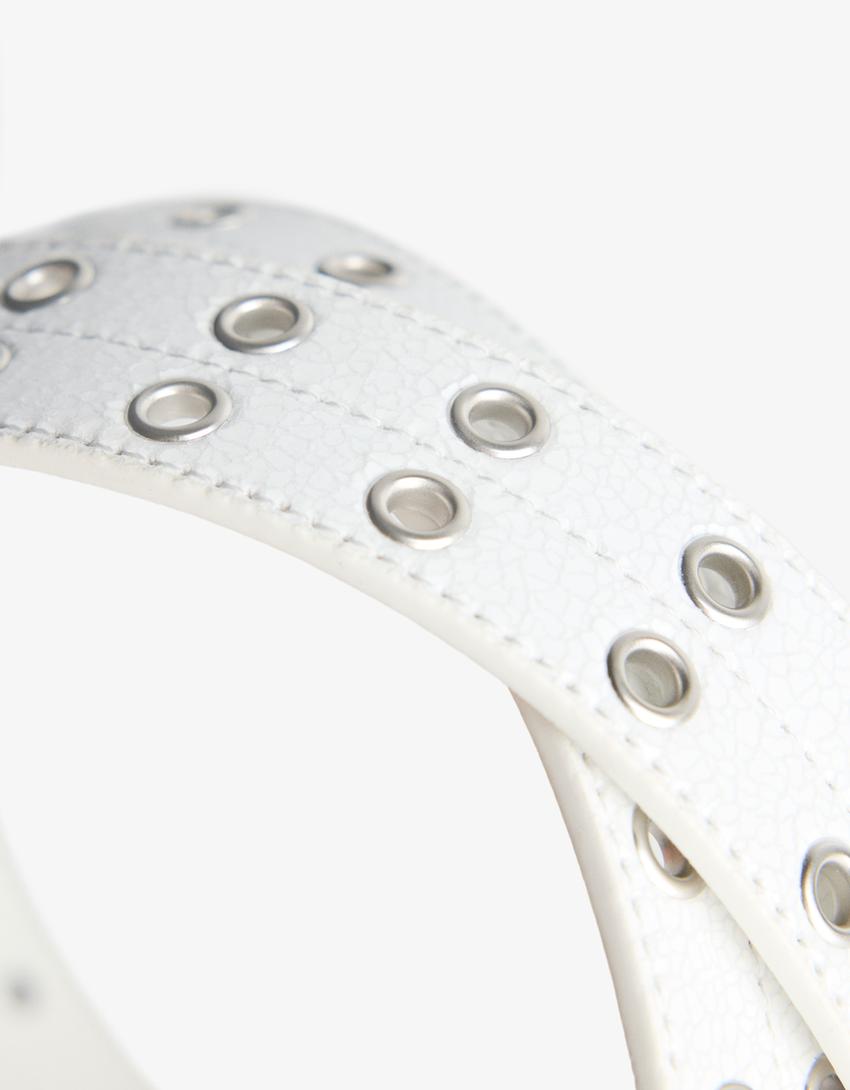 Faux leather belt with eyelets-White