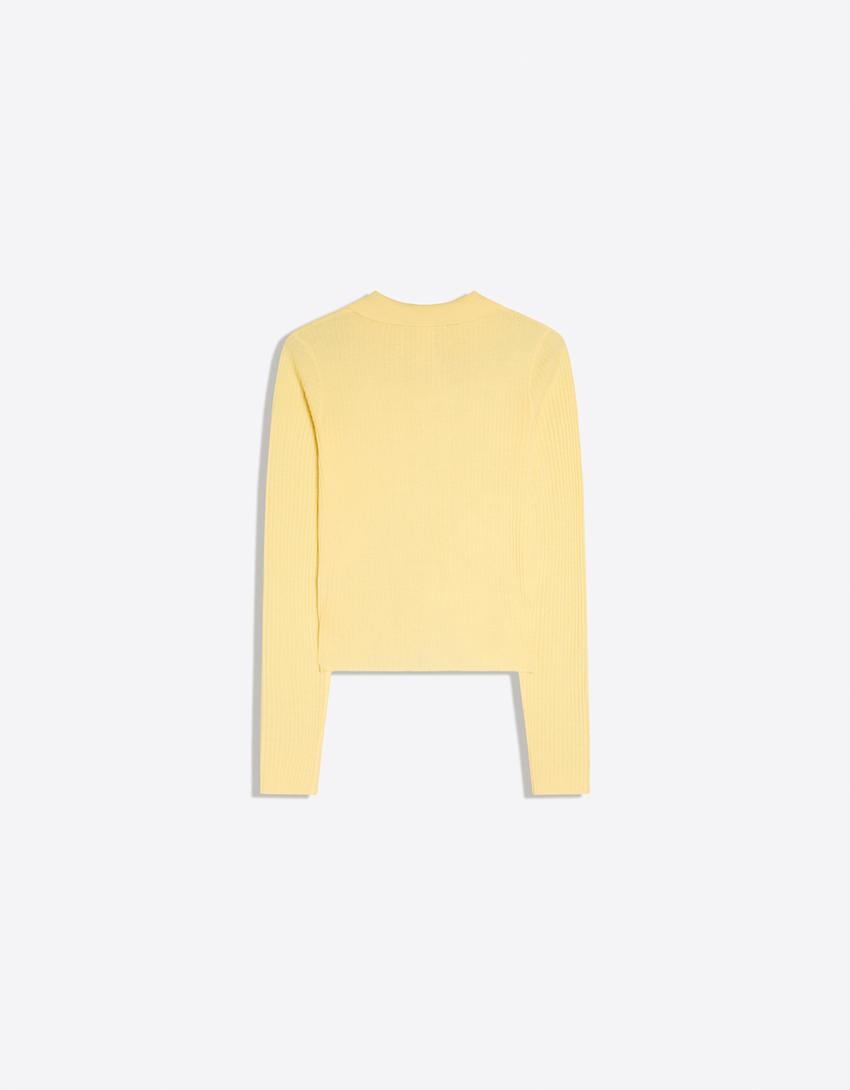 Fine-knit polo collar cardigan-Yellow