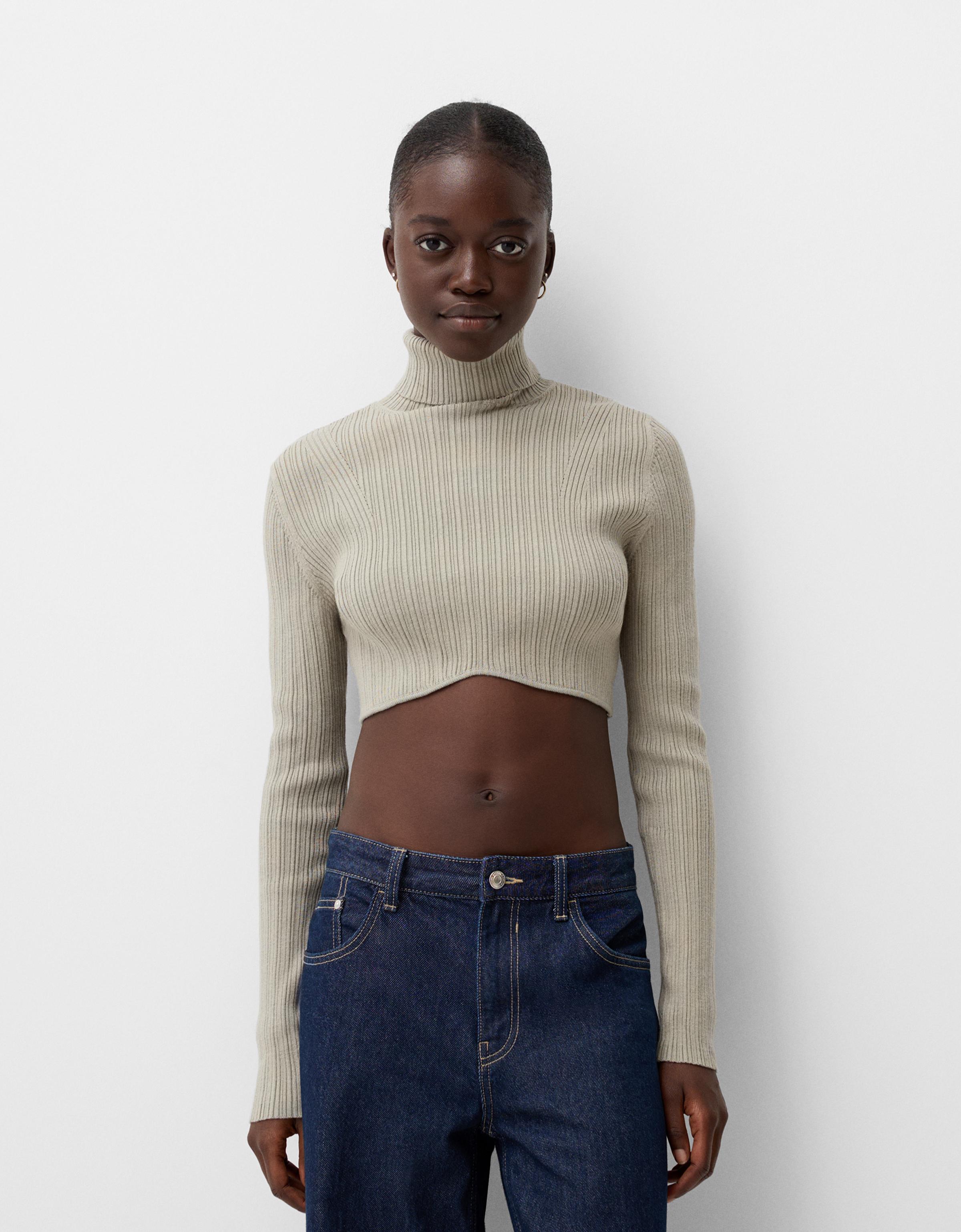 Bershka Cropped-Pullover Mit Rollkragen Und Patentmuster Damen Xl Khaki