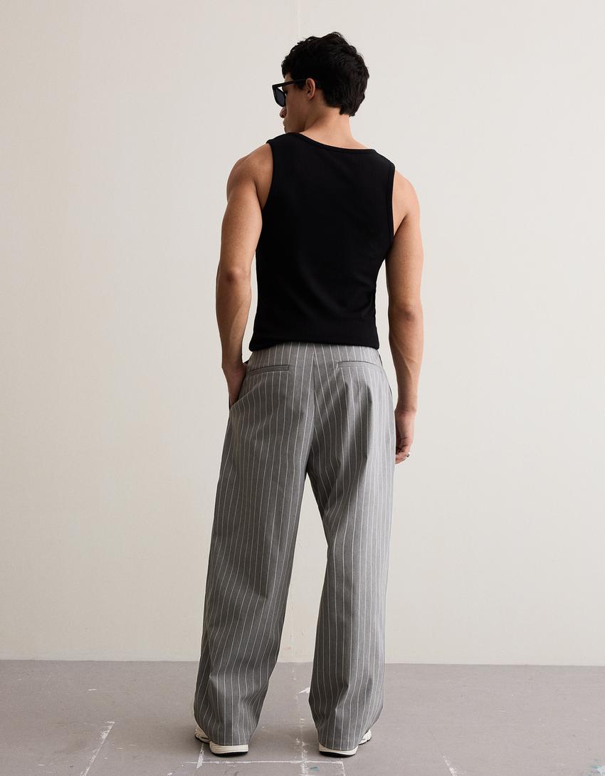 Çift pensli super baggy fit pantolon-Gri
