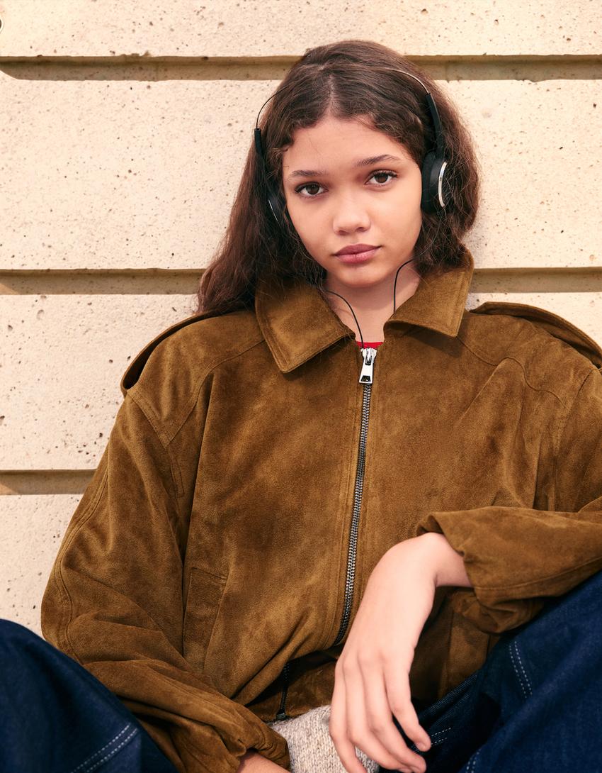 Faux suede balloon jacket-Camel