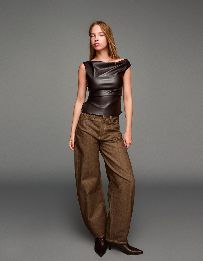 Asymmetric leather effect top-Brown