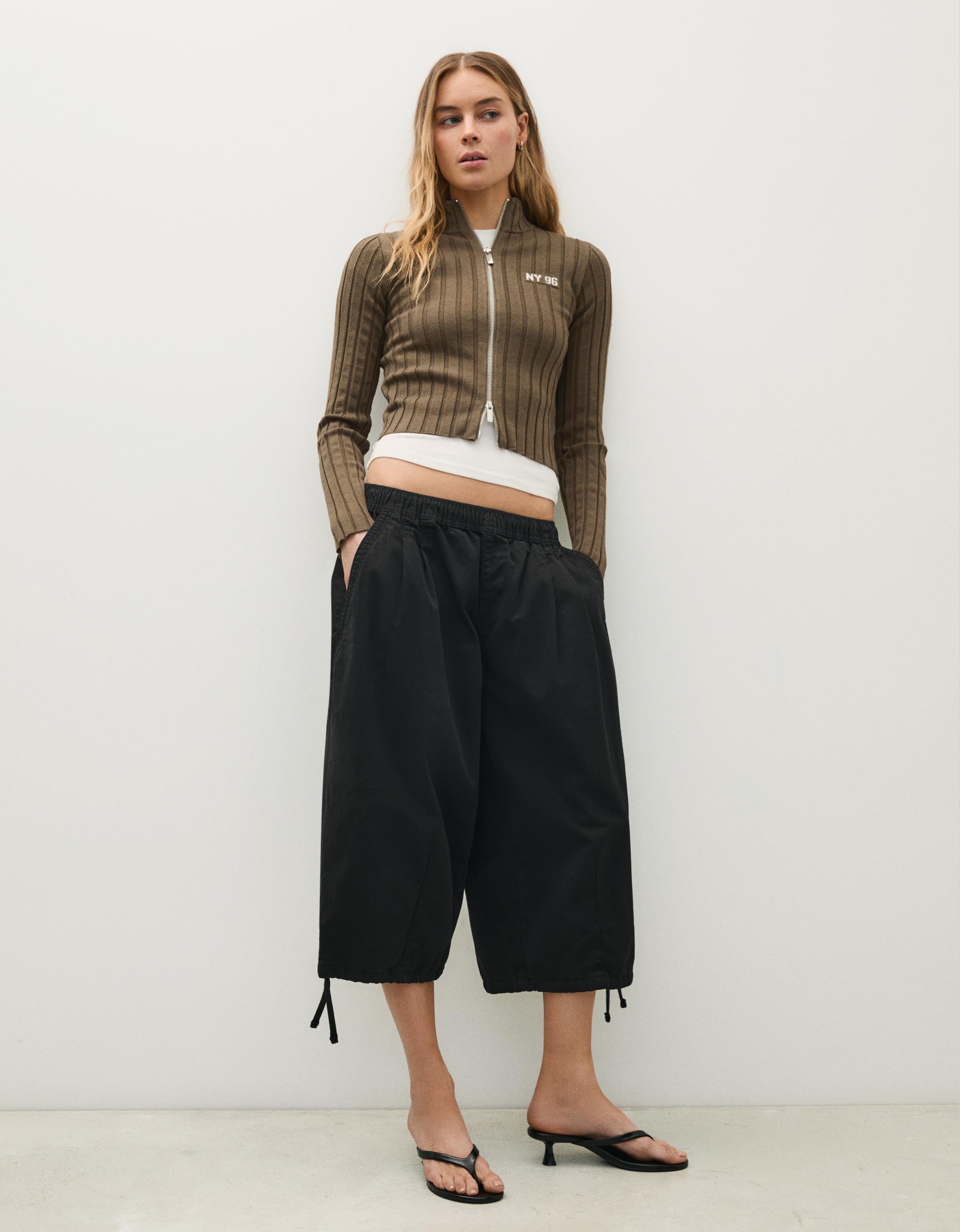 Ribbed knit zip-up cardigan — Khaki