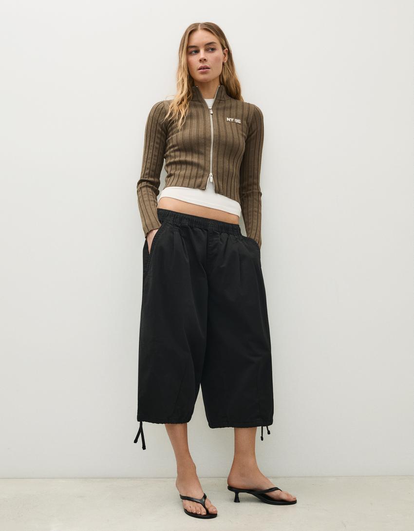 Ribbed knit zip-up cardigan-Khaki
