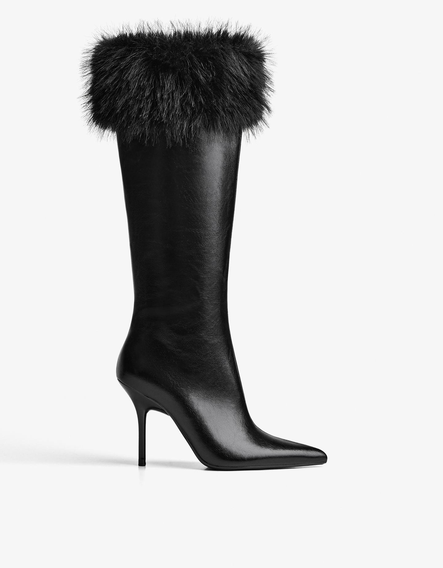 Bershka kozaki na obcasie ze zdobieniem z futra czarny