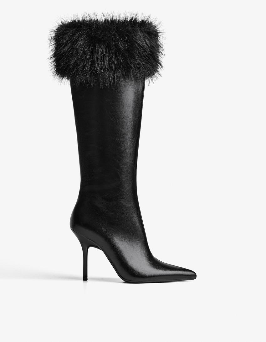 Bottes à talon détail fourrure-Noir