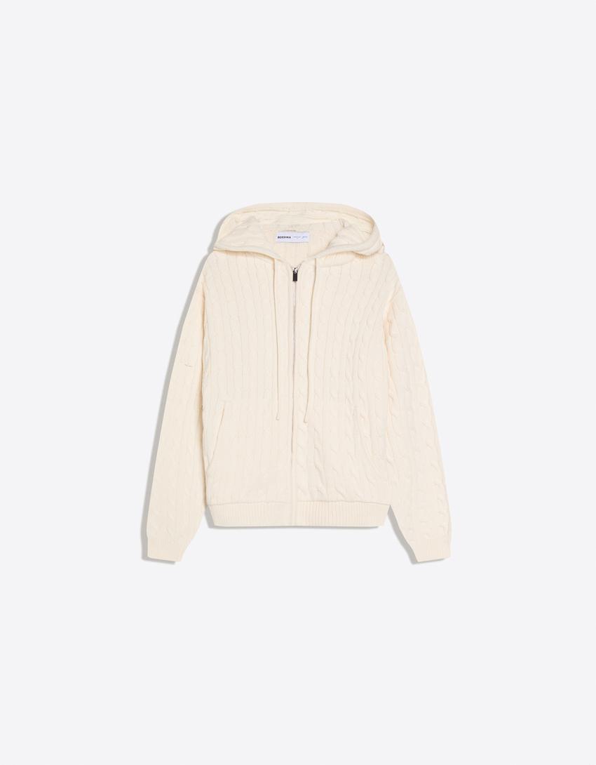 Cable knit zip-up cardigan-Cream