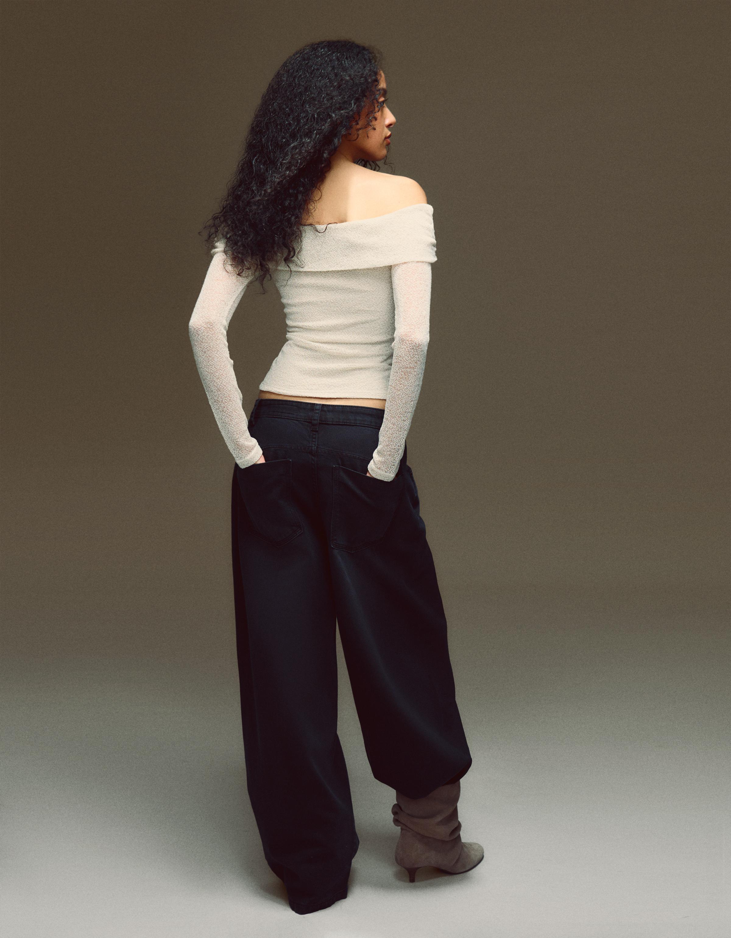 Işıltılı rustik bardot uzun kollu top - Görsel 12