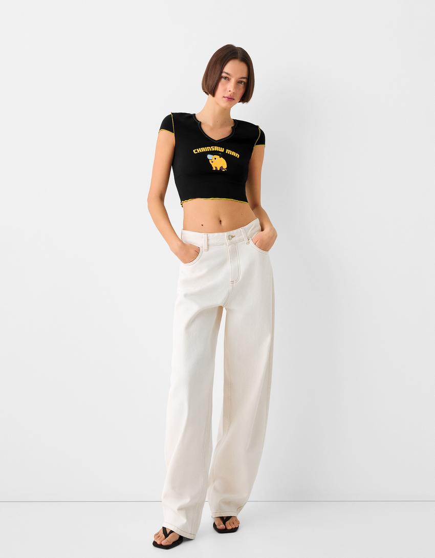 T-shirt manches courtes cropped imprimé Chainsaw Man-Noir-3