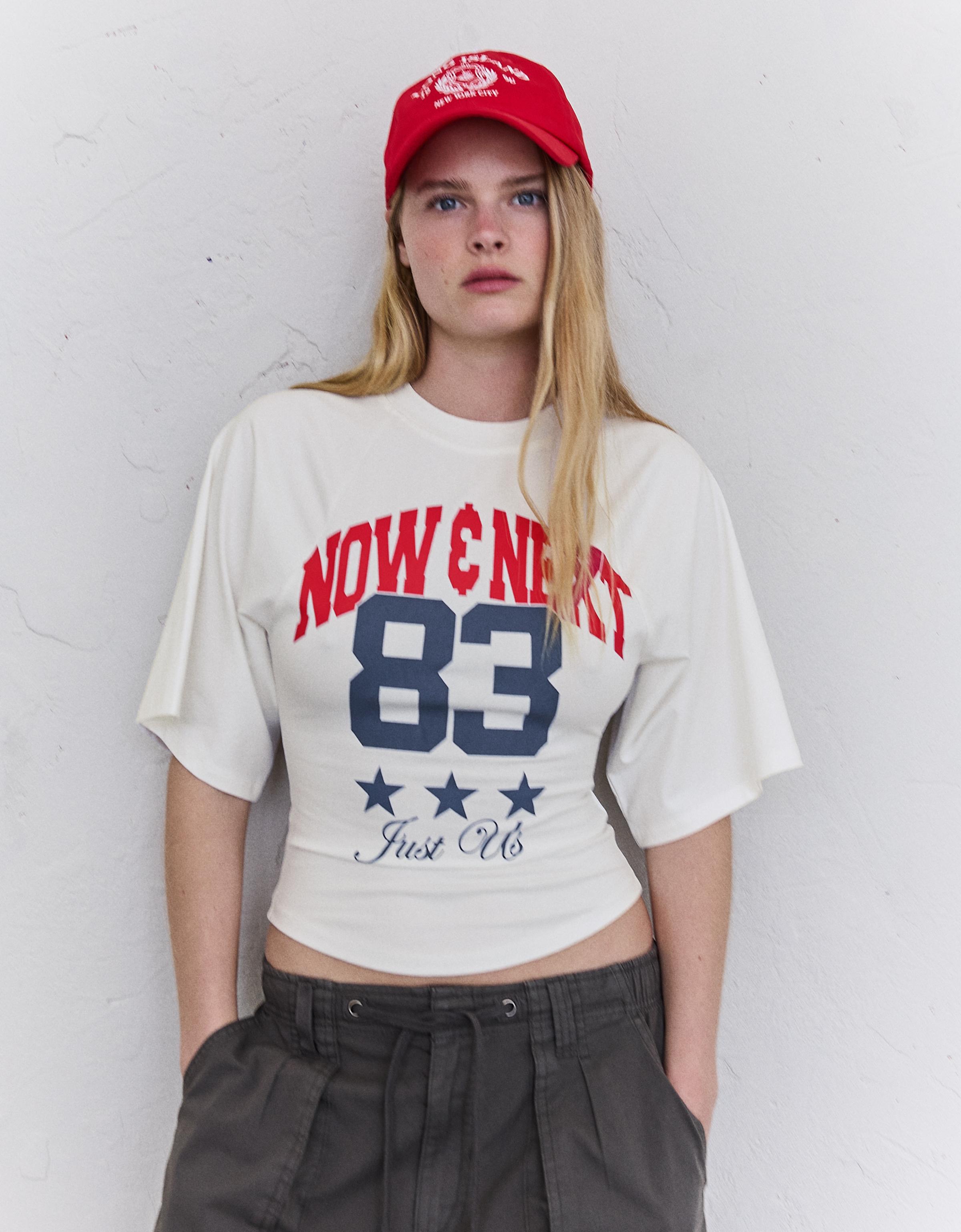 Bershka Camiseta Efecto Corsé Print Mujer L Blanco Roto