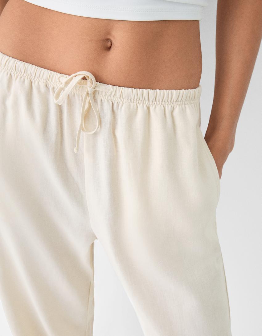 Straight-leg linen blend pants with an elastic waist-Sand-6