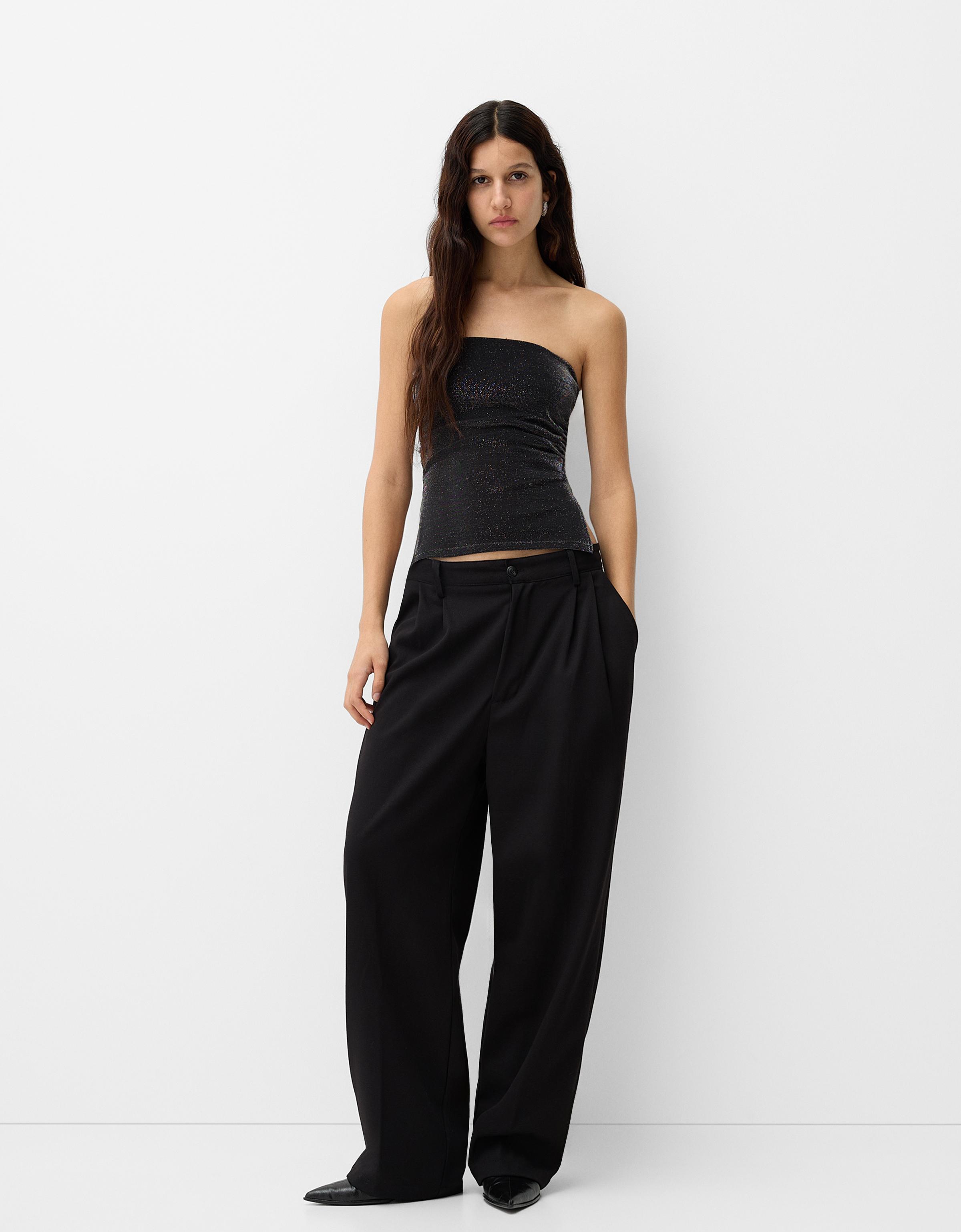 Bershka ベロア セットアップ Metallic thread bandeau top with side vents - Tops and