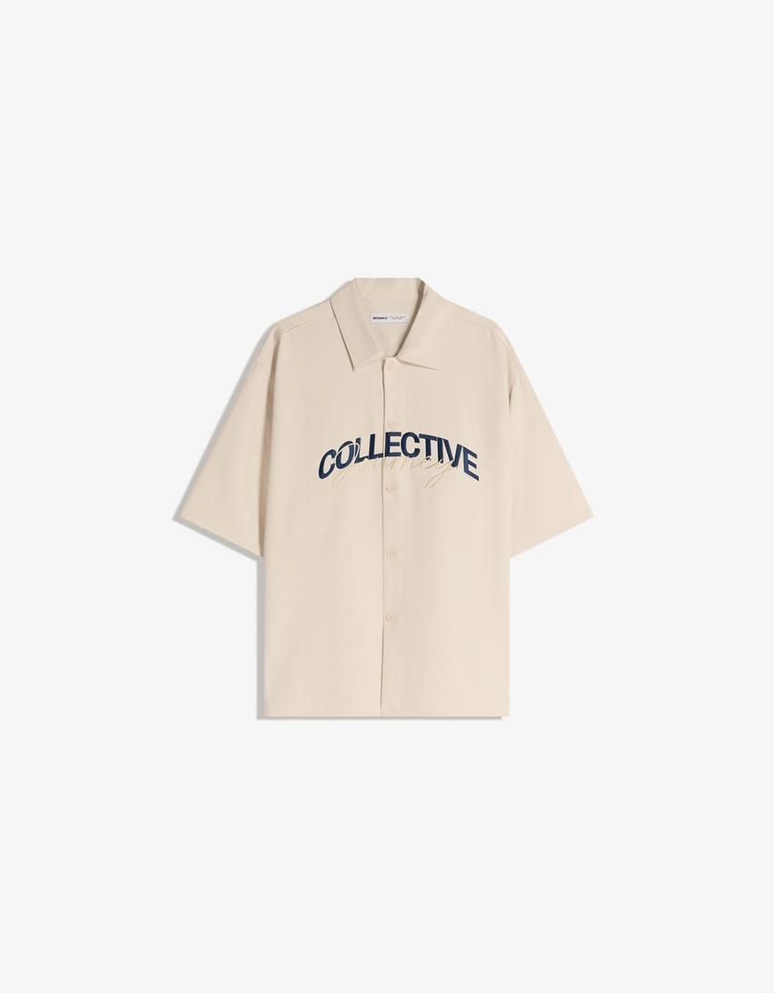 Tailored boxy fit shirt with embroidery-Cream