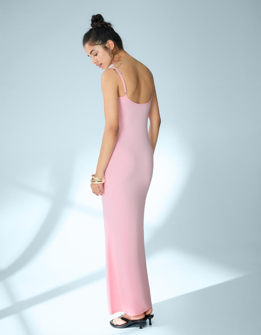 Vestido midi tirantes fruncido-Rosa