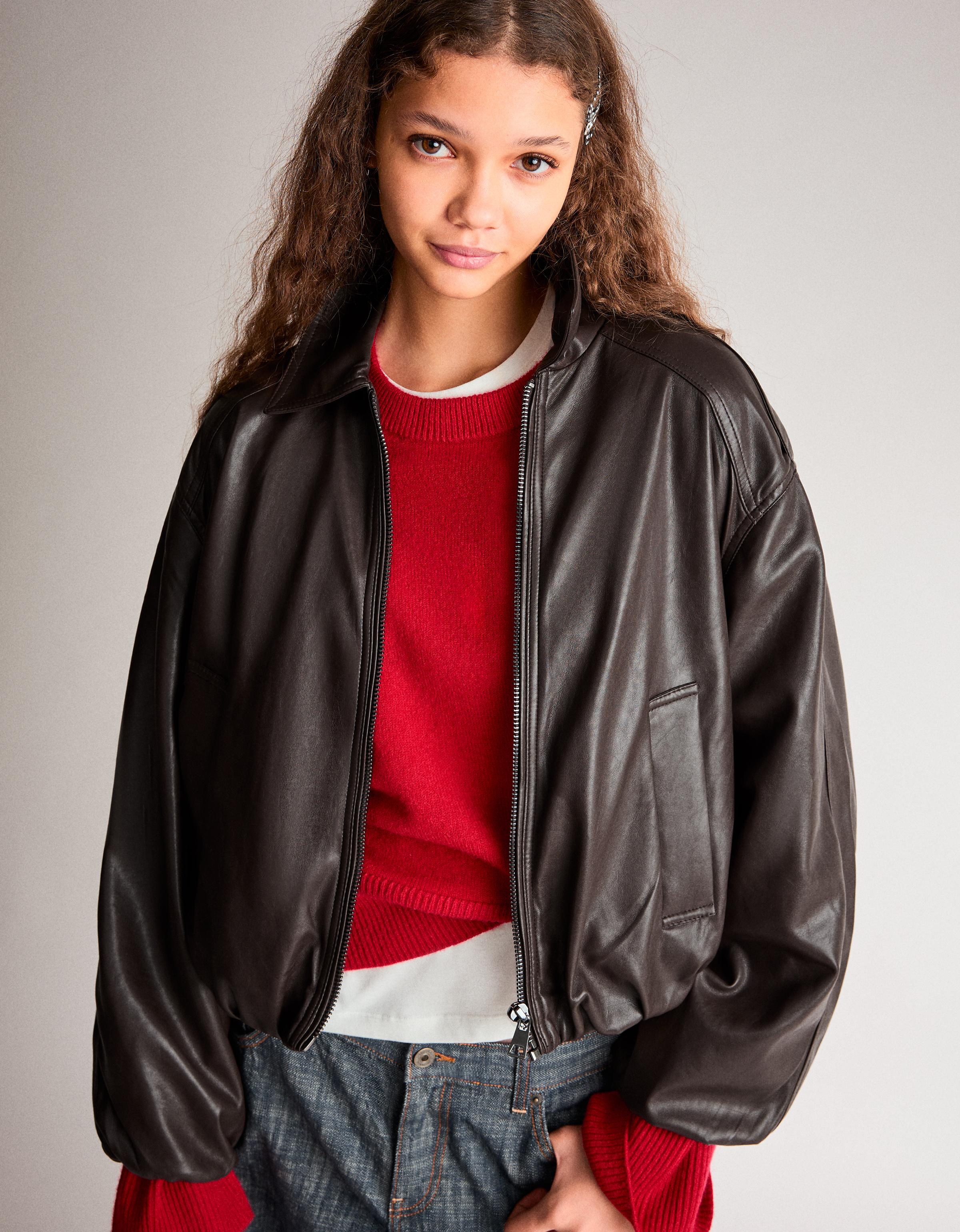 Leather effect puffer jacket — Brown