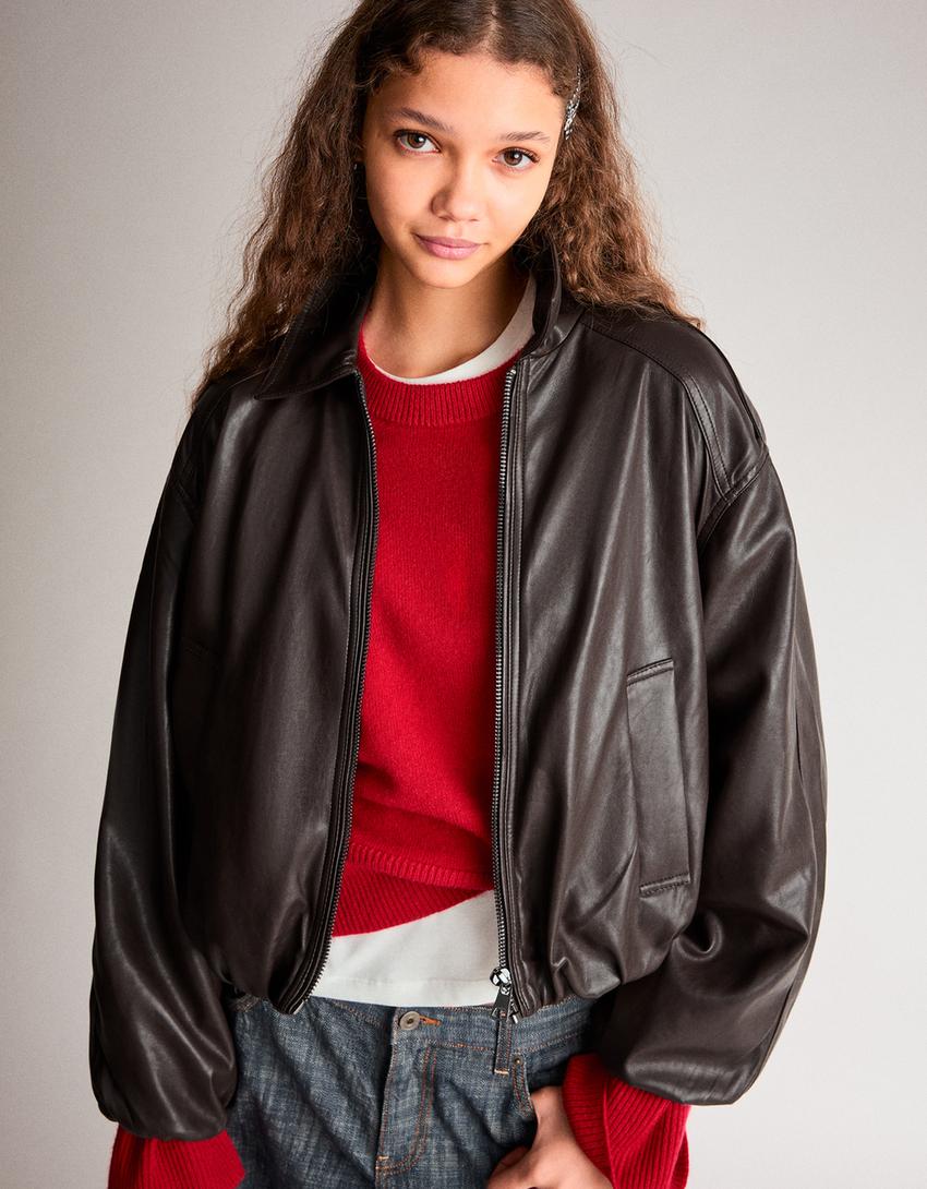 Faux leather balloon jacket-Brown