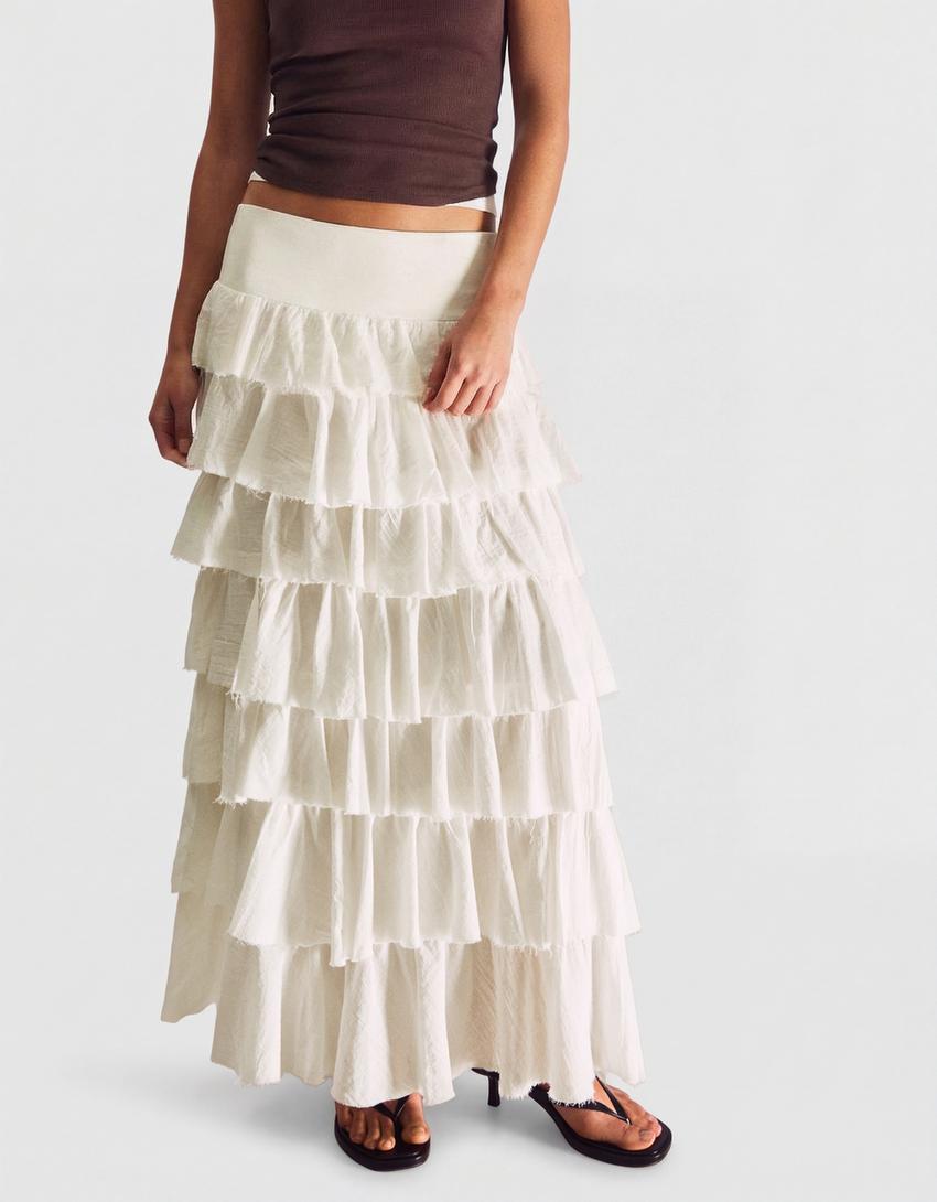Rustic ruffle midi skirt-Off white