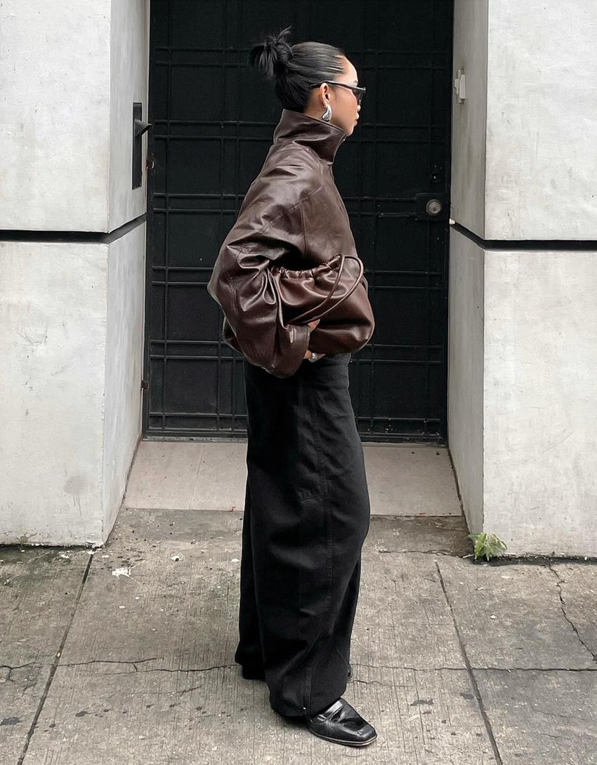 Oversize leather effect jacket-Brown