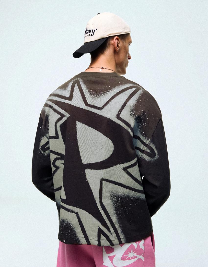 Long sleeve print T-shirt-Grey