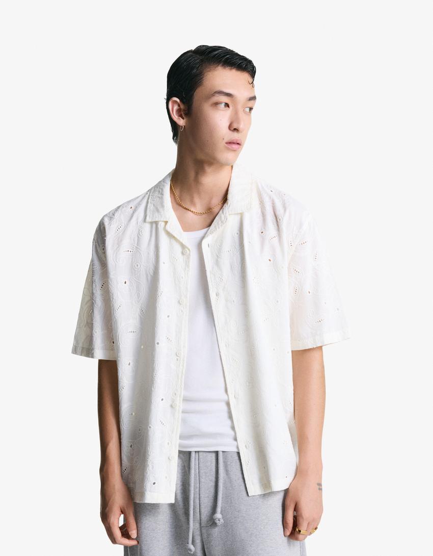 Short sleeve shirt with floral embroidery-Sand-0